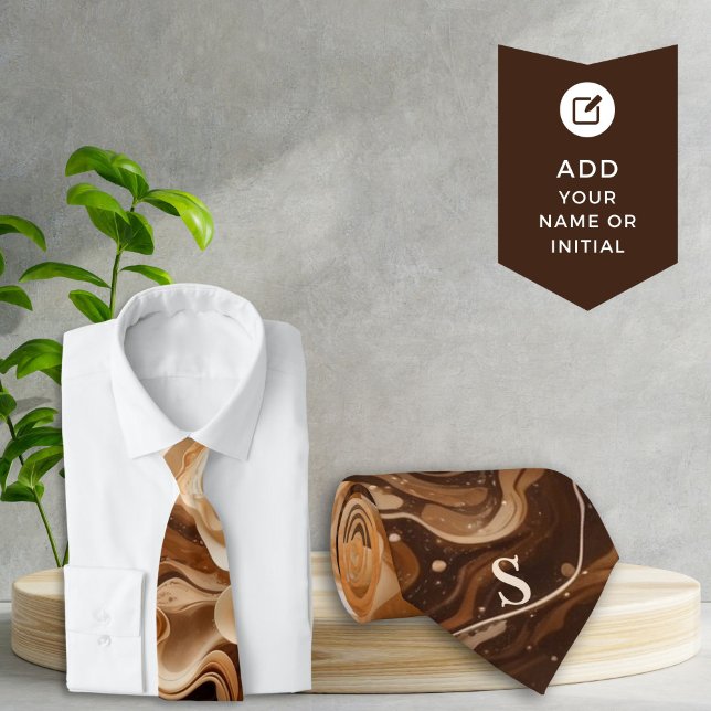 Cravate Mocha Espresso Signature Ripplée Necktie Monogramm (Cafe' Inspired Mocha Swirl Monogram Tie for the Coffee Lover or Modern Professional)