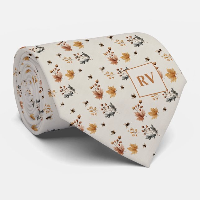 Cravate Moderne Abeilles & Feuilles Automnales Monogrammée (Roulé)