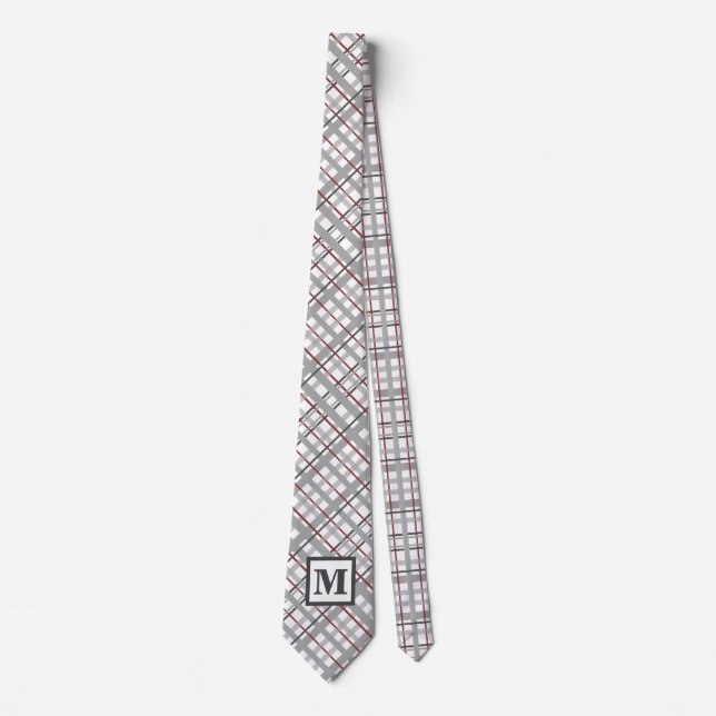Cravate Moderne {laid argent gris rouge monogramme cadeau  (Devant)