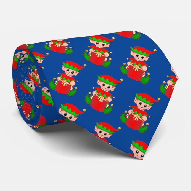 Cravate Moderne lutin de Noël mignon sur fond bleu (Roulé)