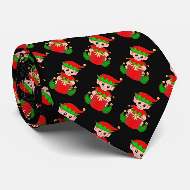 Cravate Moderne lutin de Noël mignon sur fond noir (Roulé)