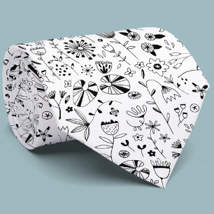 Cravate Moderne Monochrome Fleur sauvage noire et blanche