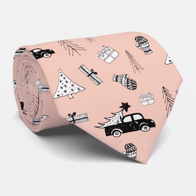 Cravate Moderne motif de Noël noir et blanc sur rose (Roulé)