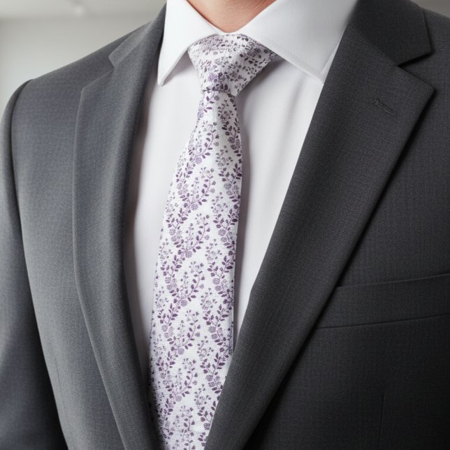 Cravate Moderne motif floral boho prune blanc (Créateur téléchargé)