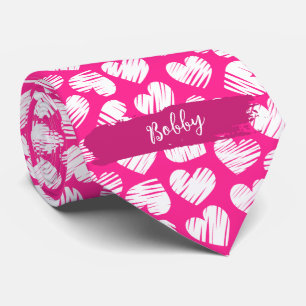 Cravate Moderne rose blanc Doodé Coeur Saint-Valentin Nom