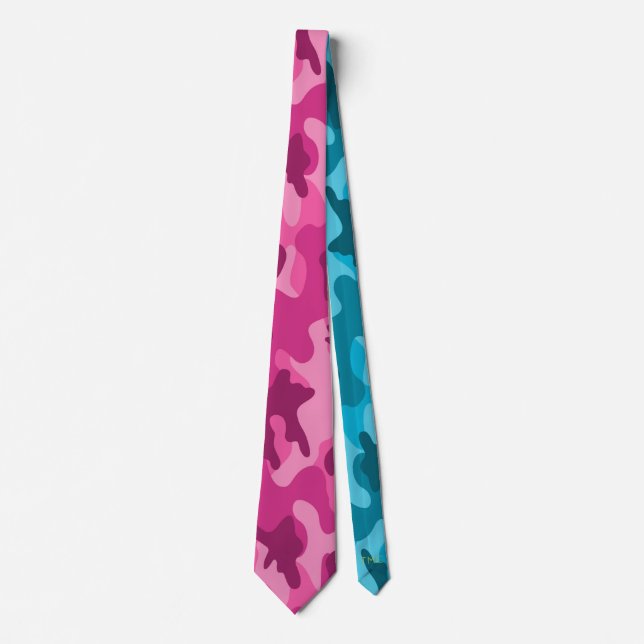 Cravate Moderne rose vif bleu camouflage, monogramme initi (Devant)