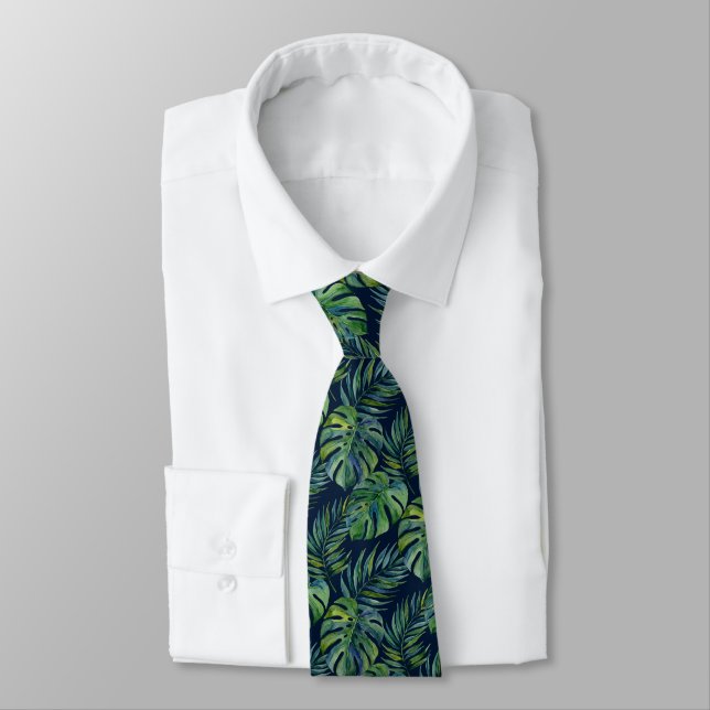 Cravate Moku Island Aquarelle Hawaïenne Monstera -Navy (Attaché)
