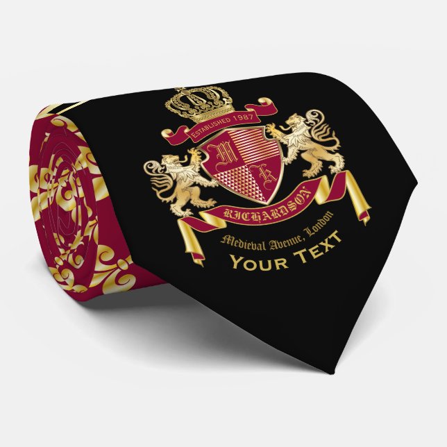 Cravate Monogram Coat of Arms Red Gold Lion Fleur de Lis (Roulé)