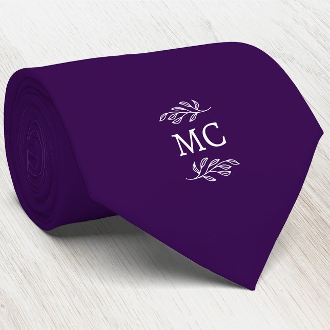 Cravate Monogram Initial Crest Botanical Leaf Dark Purple (Simple botanical leaf monogram initials personalized crest neck tie)