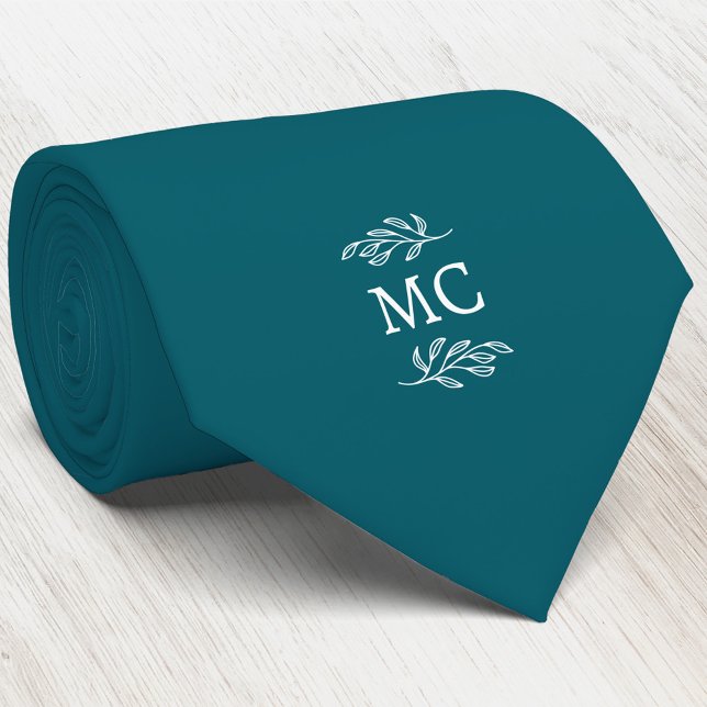 Cravate Monogram Initial Crest Botanical Leaf Teal Green (Simple botanical leaf monogram initials personalized crest neck tie)