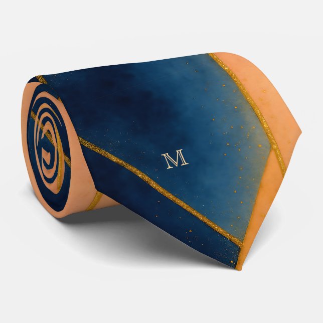 Cravate Monogramme à motif géométrique bleu or orange (Roulé)