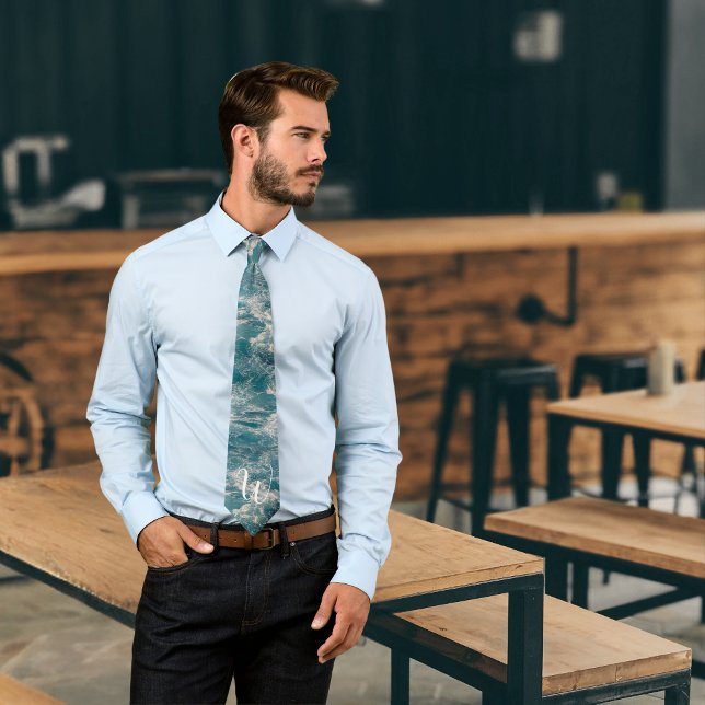 Cravate Monogramme Caraïbes mer Bleu blanc vague crêtes (Monogram Caribbean Seascape Blue White Wave Crests Neck Tie)