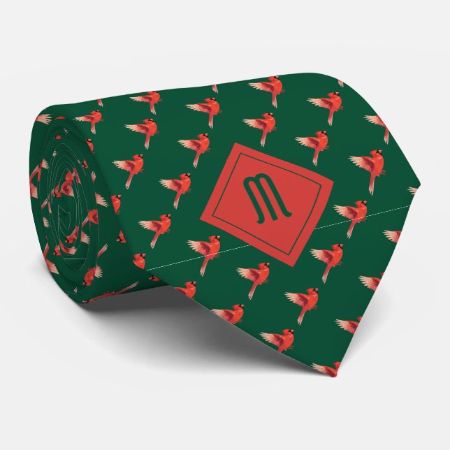 Cravate Monogramme Cardinal Bird Motif sur Green (Roulé)