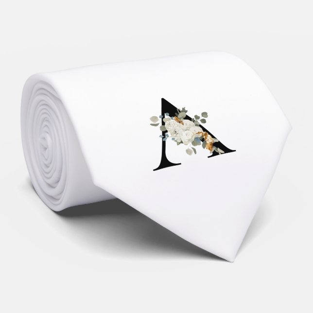 Cravate Monogramme classique initial A avec fleurs blanche (Roulé)