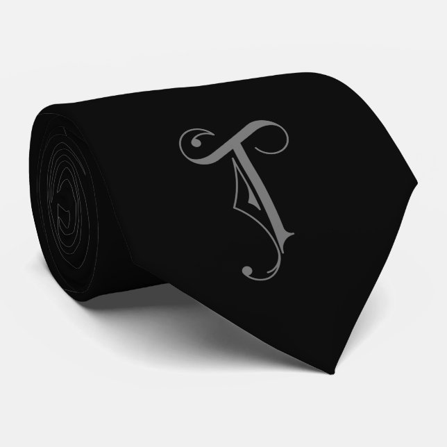 Cravate Monogramme classique initial T, gris sur noir (Roulé)