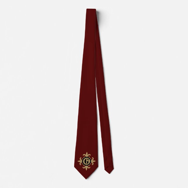 Cravate Monogramme classique or Fleur De Lis rouge foncé (Devant)