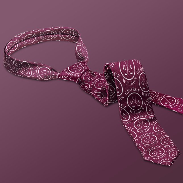 Cravate Monogramme de golf personnalisé Nom Burgundy Golf  (Créateur téléchargé)
