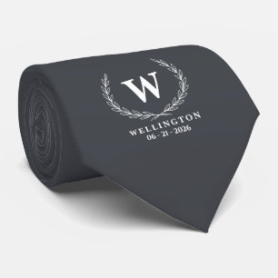 Cravate Monogramme de mariage Nom Laurier Blanc Gris Charb