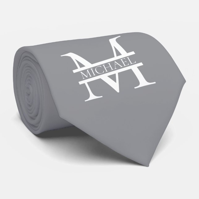 Cravate Monogramme et nom de gris élégant personnalisé (Roulé)