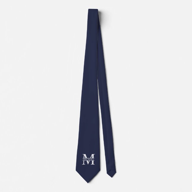 Cravate Monogramme et nom personnalisés bleu marine (Devant)