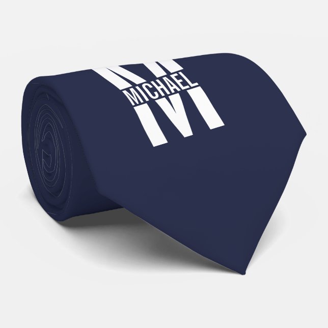 Cravate Monogramme et nom personnalisés bleu marine (Roulé)