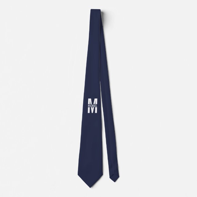 Cravate Monogramme et nom personnalisés bleu marine (Devant)