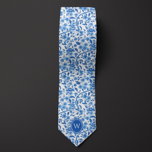 Cravate Monogramme Floral Botanique Bleu Classique (Créateur téléchargé)