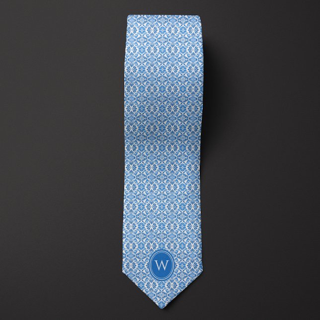 Cravate Monogramme Floral Botanique en Batik Bleu (Créateur téléchargé)