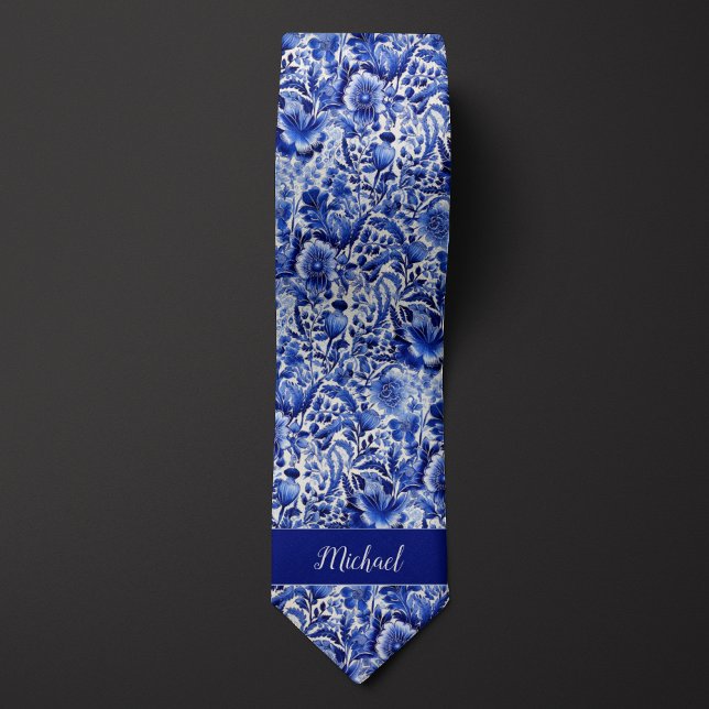 Cravate Monogramme Floral Indigo (Créateur téléchargé)