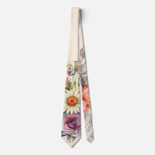 Cravate Monogramme floral "J" Fleurs de rose et de marguer