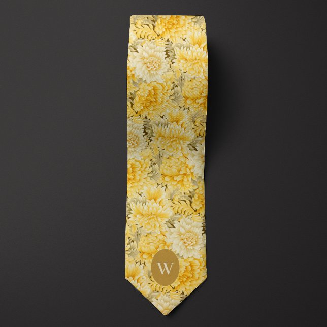 Cravate Monogramme Floral Jaune Crème (Créateur téléchargé)