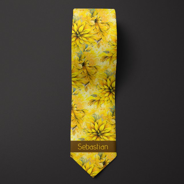 Cravate Monogramme floral jaune vif (Créateur téléchargé)