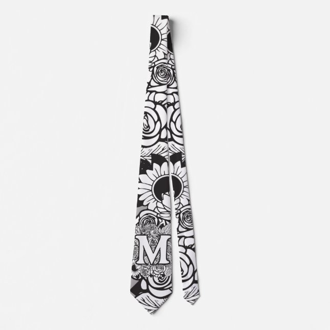 Cravate Monogramme floral "M" Fleurs de tatouage noir et b (Devant)