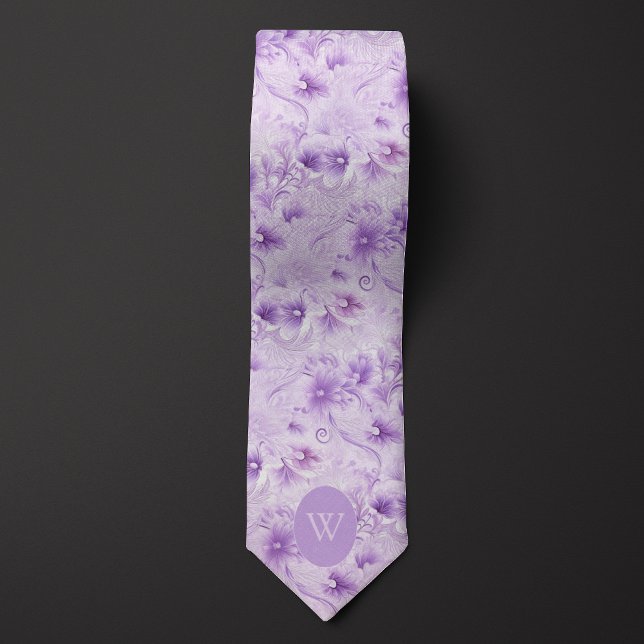 Cravate Monogramme floral pourpre abstrait (Créateur téléchargé)