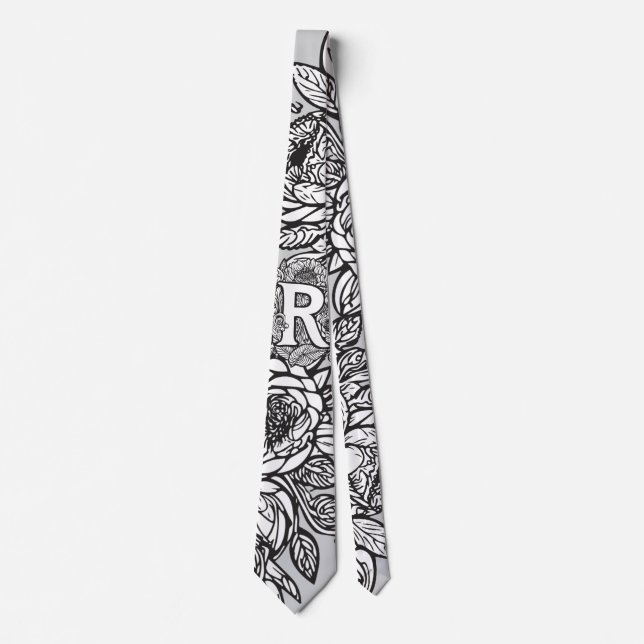 Cravate Monogramme floral "R" Fleurs de tatouage noir et b (Devant)