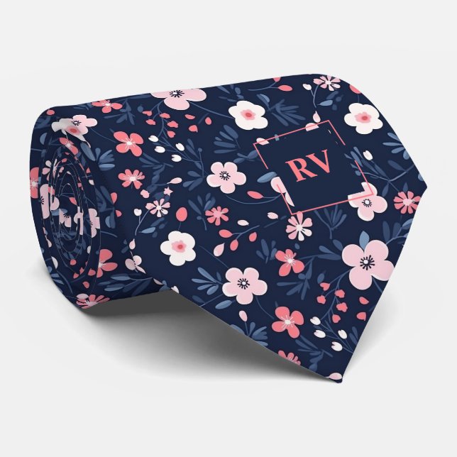 Cravate Monogramme floral rose bleu marine moderne (Roulé)