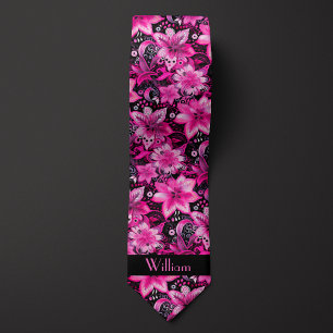 Cravate Monogramme Floral Rose et Noir