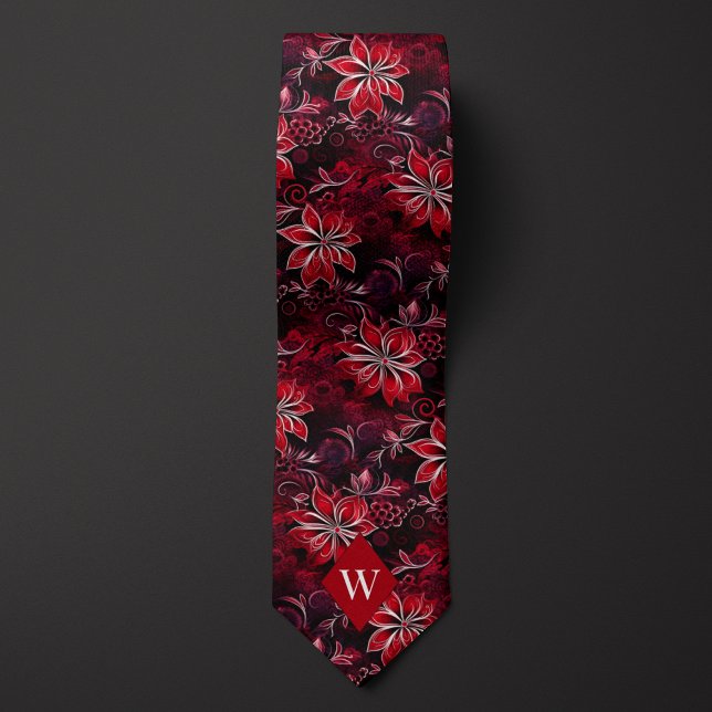 Cravate Monogramme Floral Rouge Grenat (Créateur téléchargé)