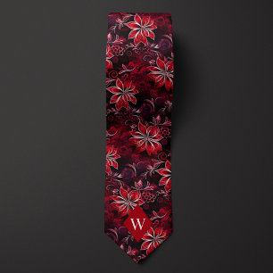 Cravate Monogramme Floral Rouge Grenat