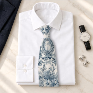 Cravate Monogramme Floral Toile Bleue Vintage