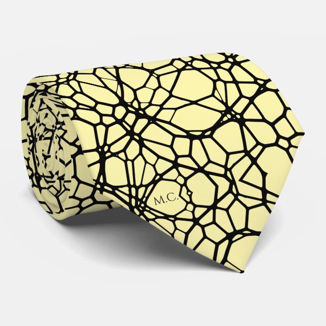 Cravate Monogramme géométrique linéaire fantaisiste jaune (Roulé)