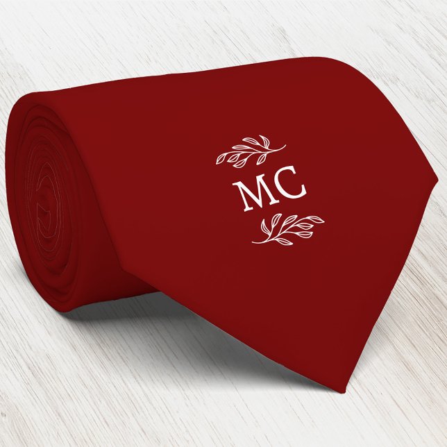 Cravate Monogramme Initiale Blason Feuille Botanique Rouge (Simple botanical leaf monogram initials personalized crest neck tie)