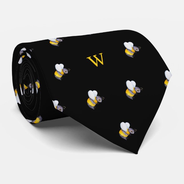 Cravate Monogramme Initiale Mignonne Abeille à Miel Aquare (Roulé)