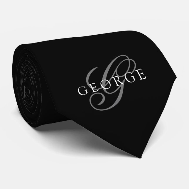 Cravate Monogramme initiale Script Noir (Roulé)