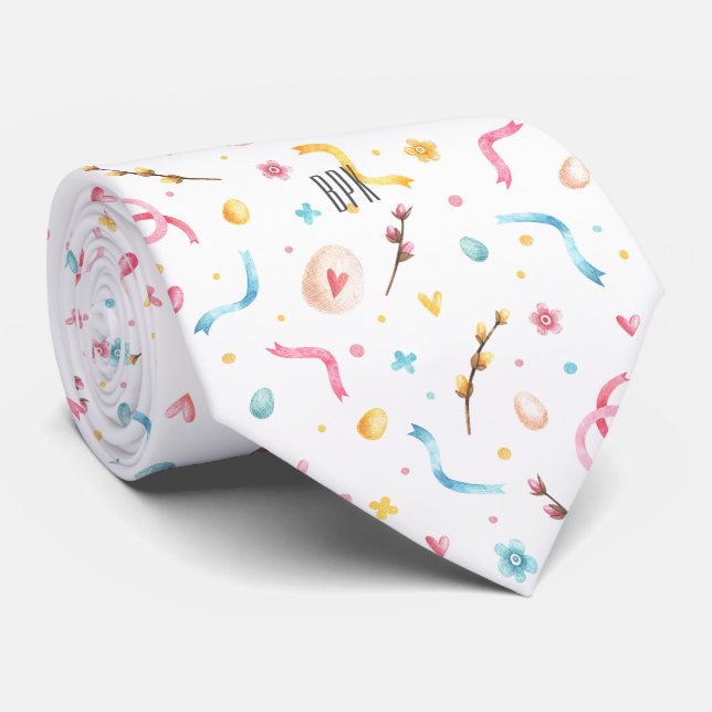 Cravate Monogramme Joyeuses Pâques Motif Pastels Colorés (Roulé)