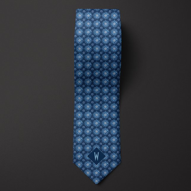 Cravate Monogramme Mandala Bleu Brillante (Créateur téléchargé)