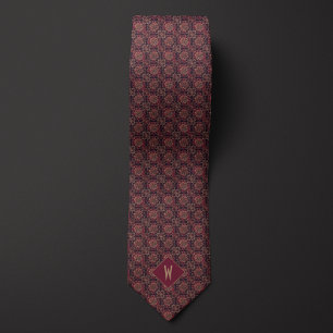 Cravate Monogramme Mandala Bourguignon et Or Élégant
