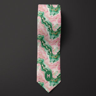 Cravate Monogramme marbré rose et vert