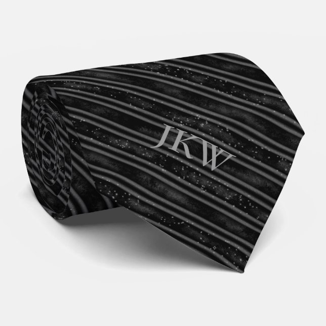 Cravate Monogramme moderne élégant Noir et gris rayé (Roulé)