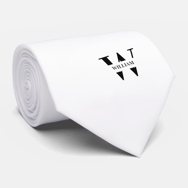 Cravate Monogramme + Nom Élégant de Couleur Blanche (Roulé)